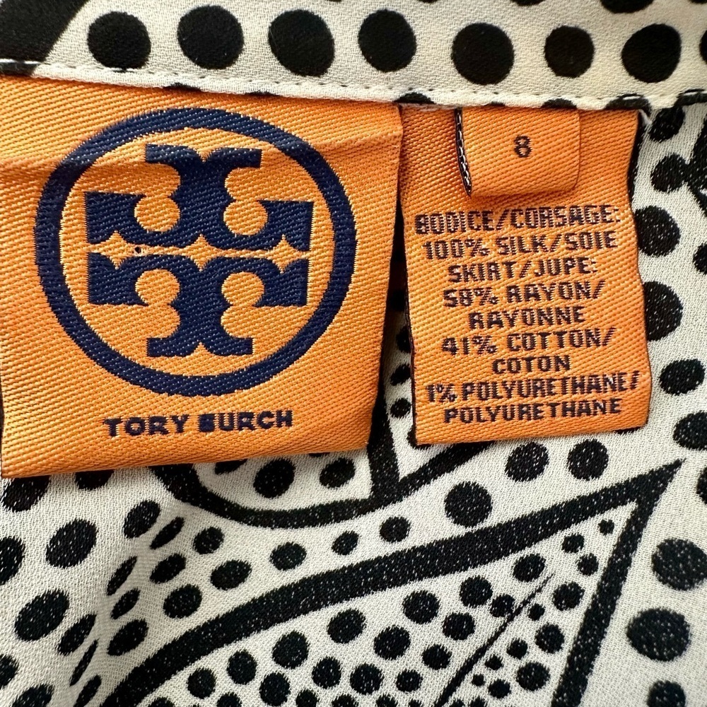Tory Burch Classic Silk Monochrome Dotted Leaf Print Dress Size 8 - Picture 11 of 12